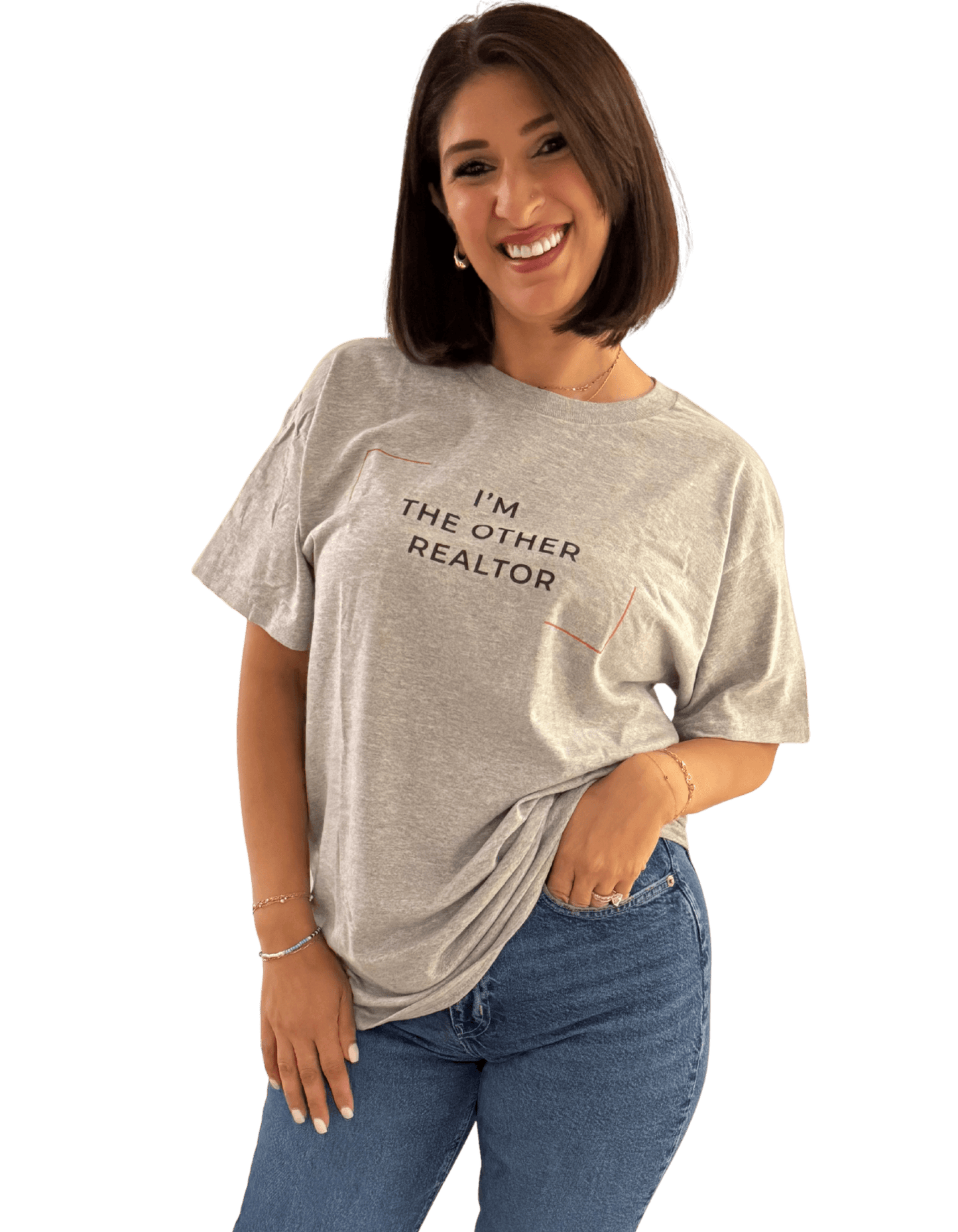 Woman wearing I'm The Other Realtor T-Shirt, showcasing a stylish and humorous approach for real estate professionals.