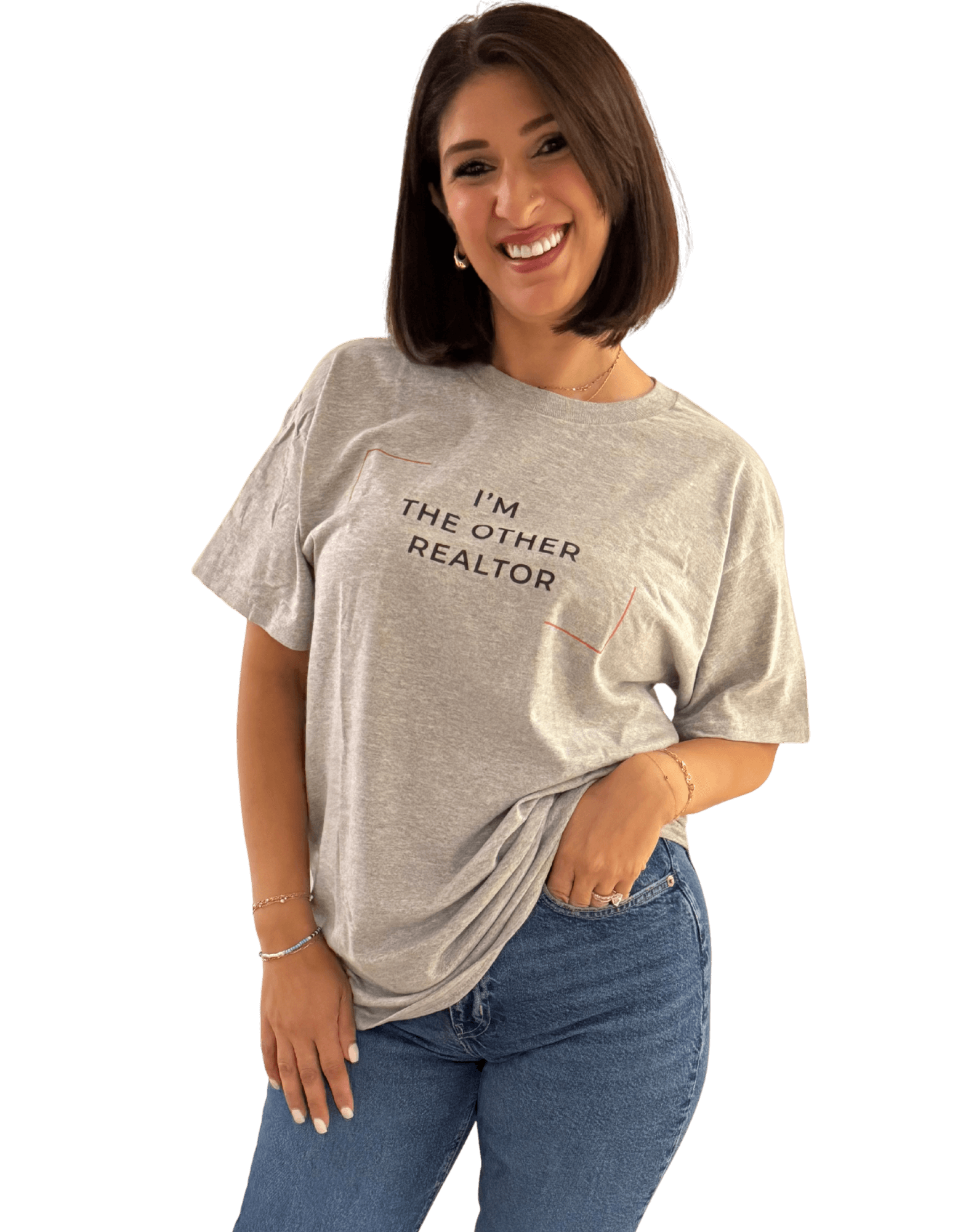 Woman wearing I'm The Other Realtor T-Shirt, showcasing a stylish and humorous approach for real estate professionals.