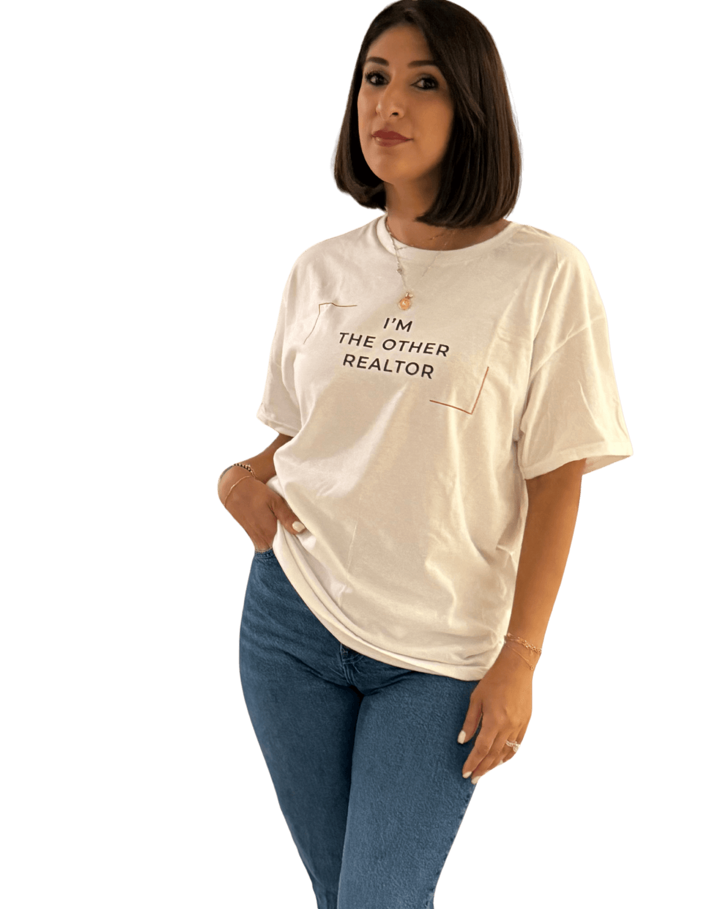 Woman wearing the I'm The Other Realtor T-Shirt, showcasing humor and style for real estate professionals.
