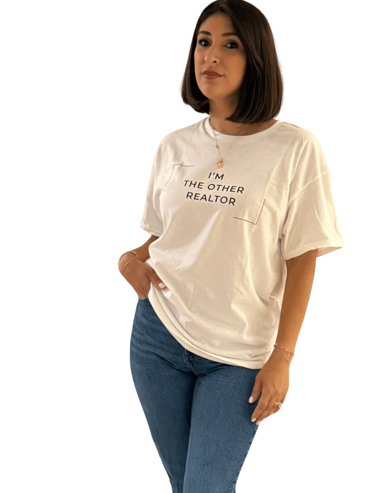Woman wearing the I'm The Other Realtor T-Shirt, showcasing humor and style for real estate professionals.